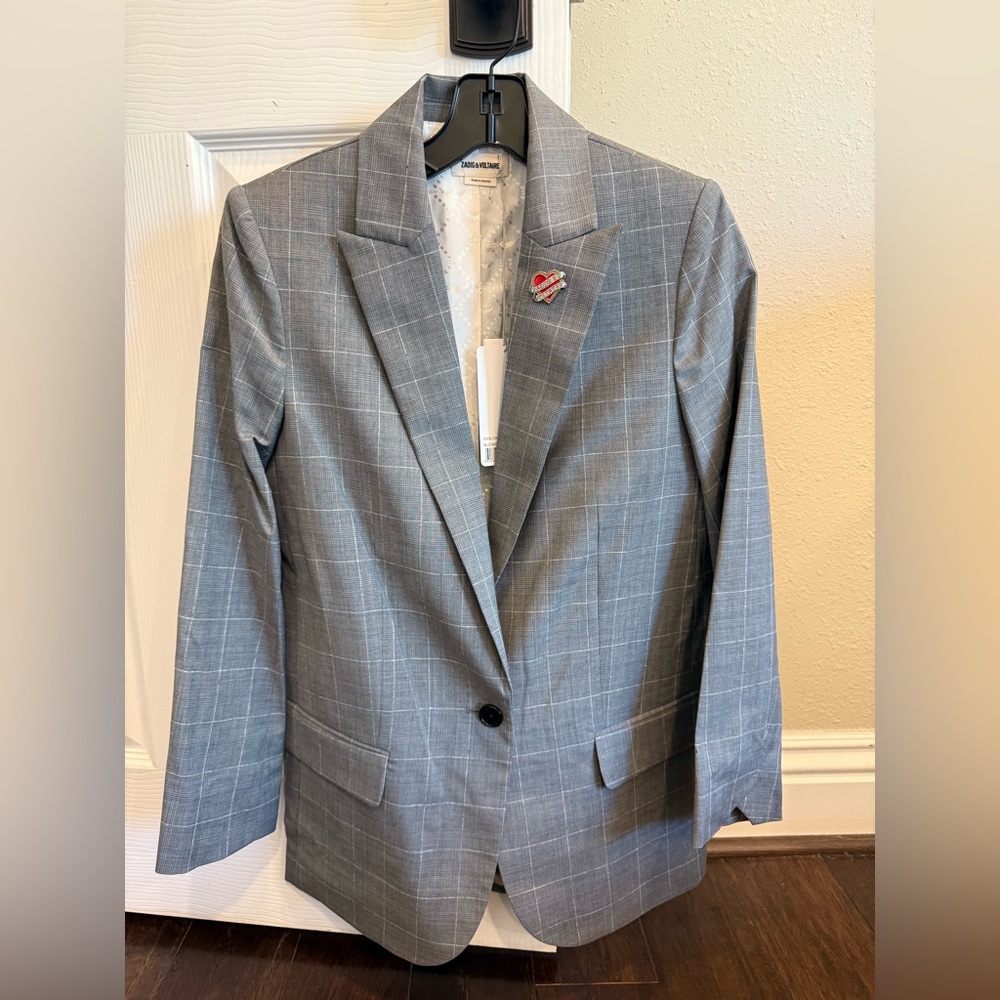NWT Zadig and Voltaire Viva Check Grey Blazer $498 Women’s Jacket Size 34
